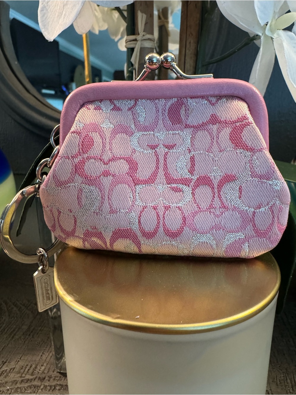 Vintage RARE Coach LTD ETD Optic Pink Signature Kiss-Lock Pouch Bag or Key Charm
